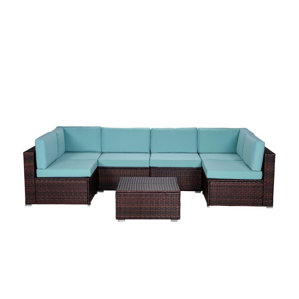 Brown 7-Piece Wicker Outdoor Sectional Patio Conversation Set with Blue Cus