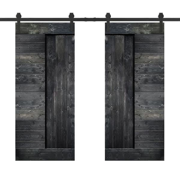 CALHOME 60 in. x 84 in. Metallic Gray Stained DIY Knotty Pine Wood Interior Double Sliding Barn Door with Hardware Kit