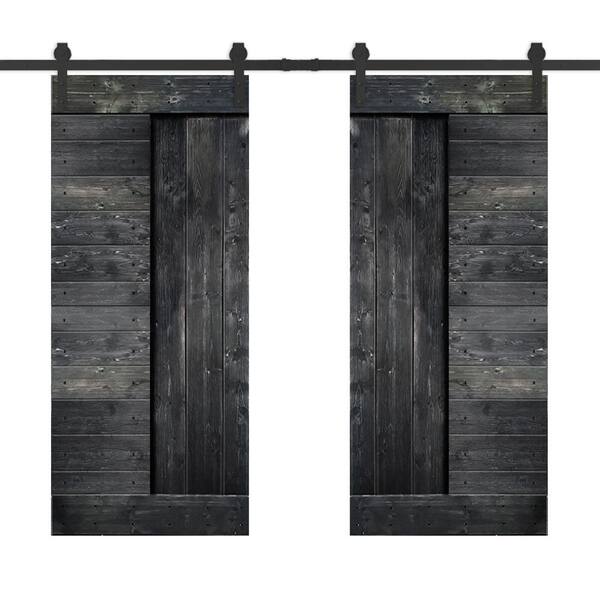 CALHOME 72 in. x 84 in. Metallic Gray Stained DIY Knotty Pine Wood Interior Double Sliding Barn Door with Hardware Kit