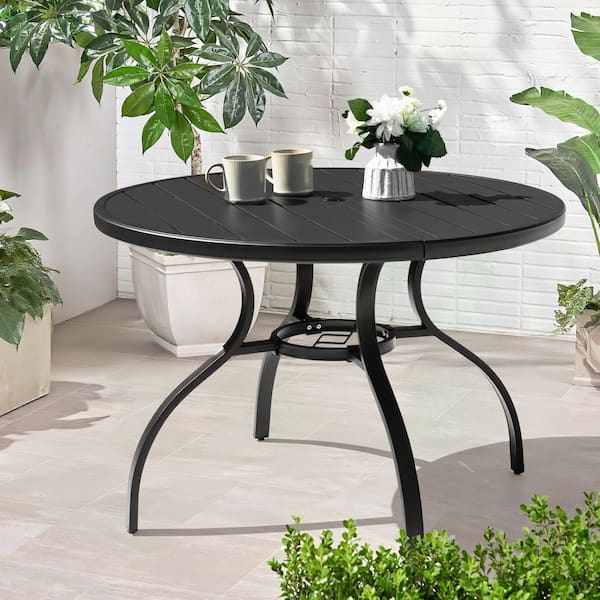 Black Round Metal Outdoor Dining Table with Umbrella Hole, Slatted Tabletop and Adjustable Feet