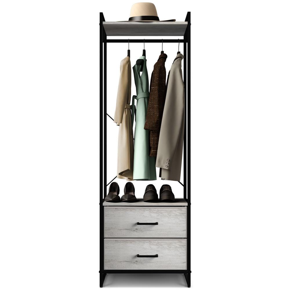 Portable Black Steel Clothing Rack with Wood Drawers