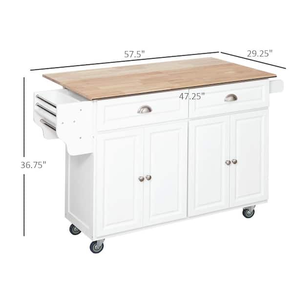 CESICIA White Wood Base with Wood Top Rolling Kitchen Island (29.25-in x 57.5-in x 36.75-in)