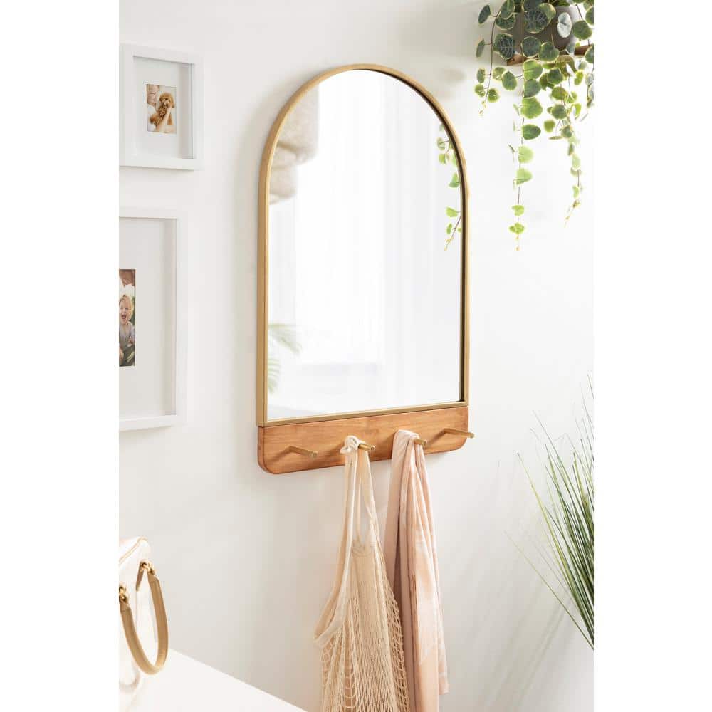 Schuyler Arched 20x31 Natural Wood & Gold Wall Mirror with Hooks