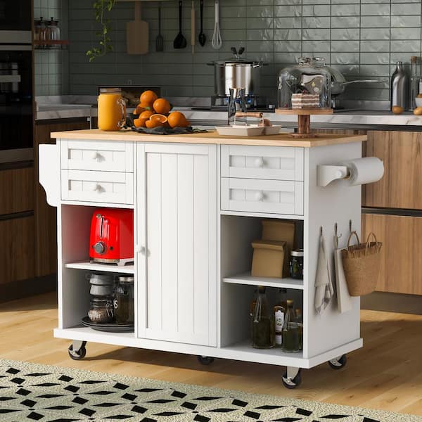 White Kitchen Island with Spice Rack Towel Rack and Drawer and Rubber Wood Desktop