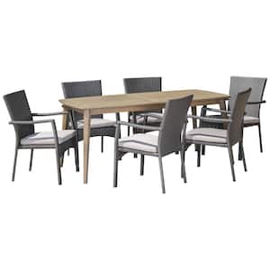 Talbot Gray 7-Piece Wood and Faux Rattan Outdoor Dining Set with Gray Cushions