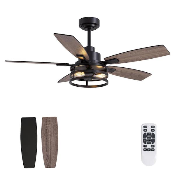 46 in. Indoor Matte Black Layered Caged Ceiling Fan with Light Kit, Five Reversible Blades and Remote Included