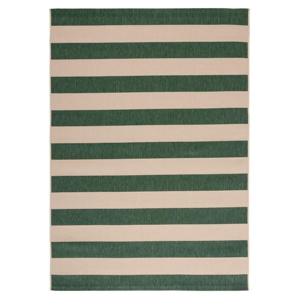Courtyard Beige/Dark Green 9 ft. x 12 ft. Awning Stripe Indoor/Outdoor Area Rug