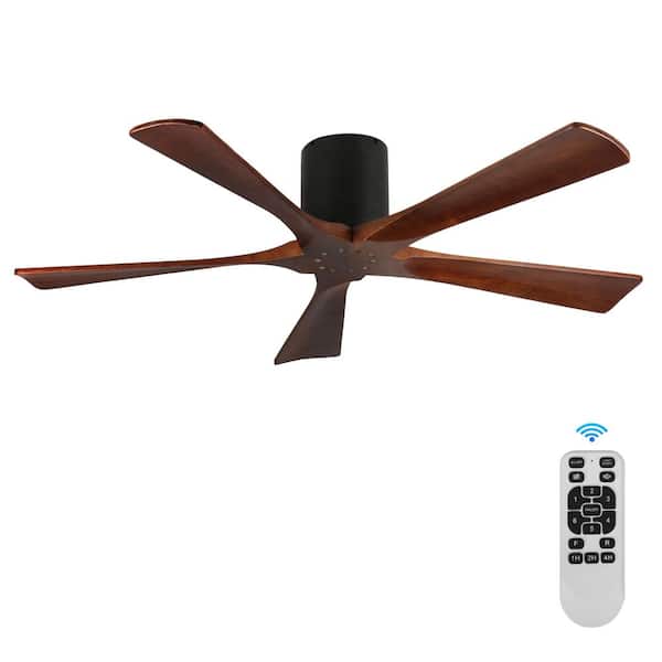 52 in. Modern Indoor Black Low Profile Solid Wood Light Brown Blade Flush Mount Ceiling Fan with Remote and Sleep Timer