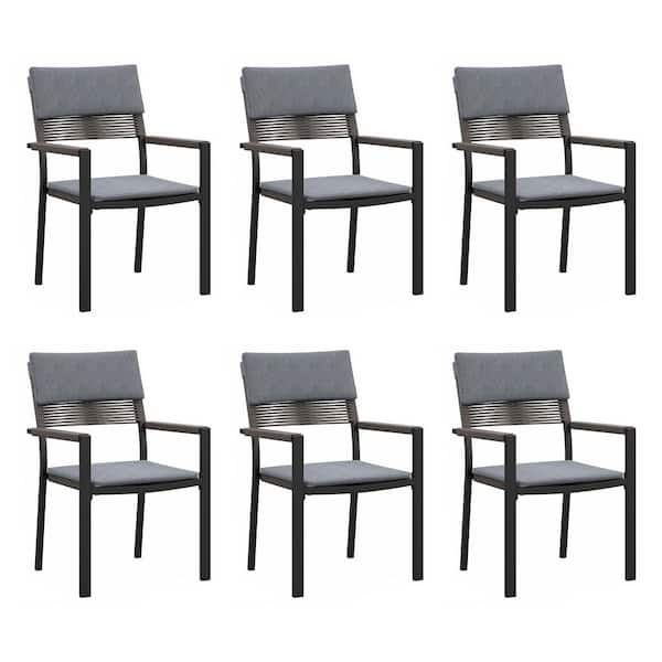 AURA OUTDOOR 6-pack Wicker Metal Outdoor Dining Chair with Arm All-weather Patio Dining Set, Dark Gray