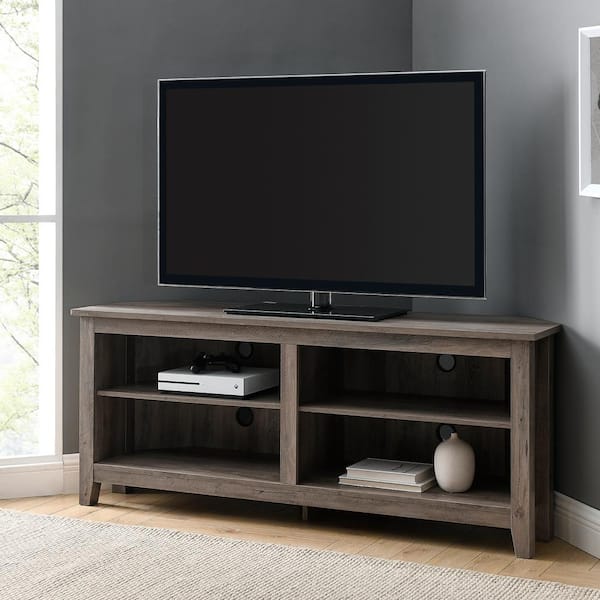 Walker Edison Furniture Company 58 in. Gray Wash Composite Corner TV Stand 64 in. with Adjustable Shelves