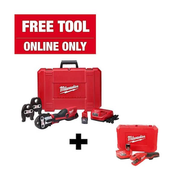 Milwaukee M12 12-Volt Lithium-Ion Force Logic Cordless Press Tool Kit (3 Jaws Included) with Free M12 Copper Tubing Cutter Kit