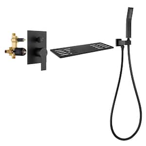 Single-Handle Waterfall Wall Mount Roman Tub Faucet with Hand Shower 3-Hole Brass Bathtub Fillers in Matte Black