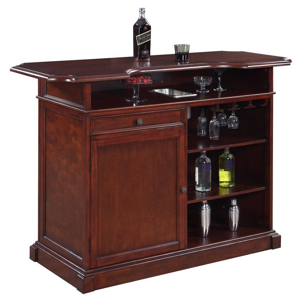 Mahogany Finish Poplar Wood Home Bar with Storage and Shelves