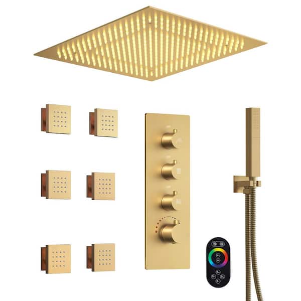 GRANDJOY RBG with Thermostatic Valve, 6 Jets 7-Spray Ceiling Mount 20 in. Fixed and Handheld Shower Head 2.5 GPM in Brushed Gold