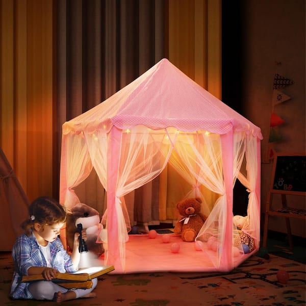 Pink Princess Castle Tents KINDEN Portable Kids Play Tent Children Playhouse Playhouse Gaming Reading Room with LED Light 