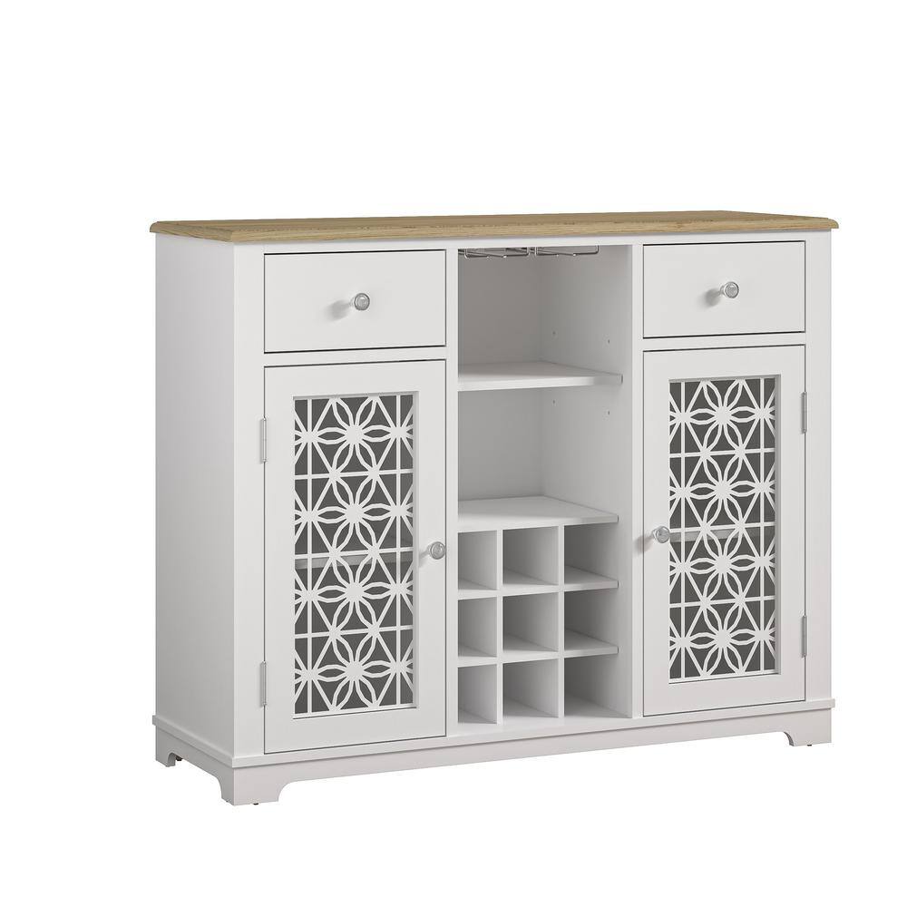 Festivo 47" White Wine Cabinet with Glass Doors and Wood Top