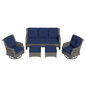 5-Piece Wicker Extra-Wide Arm Outdoor Patio Conversation Sofa Set with Blue Cushions