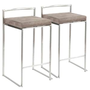 Fuji 26 in. Stainless Steel Stackable Counter Stool with Stone Cowboy Fabric Cushion (Set of 2)