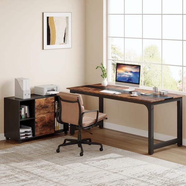 71 in. L-Shaped Brown Wood 2-Drawer Computer Desk with Storage Cabinet for Office Workstation Business Furniture Set