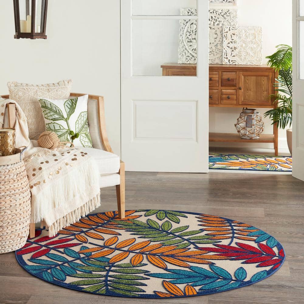 Multicolor Round Floral Synthetic Outdoor Area Rug