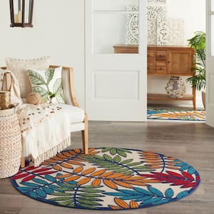 Aloha Multicolor 4 ft. x 4 ft. Round Floral Contemporary Indoor/Outdoor Patio Area Rug