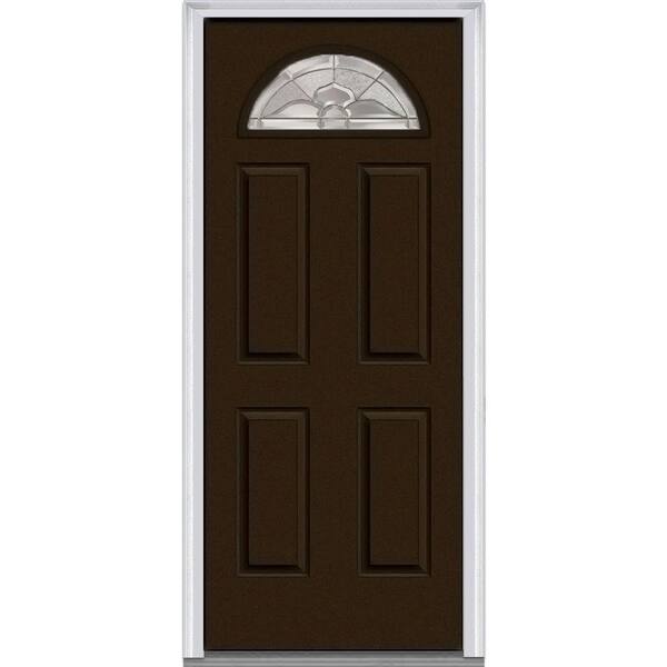 MMI Door 30 in. x 80 in. Master Nouveau Left-Hand 1/4 Lite Decorative 4Panel Classic Painted Fiberglass Smooth Prehung Front Door