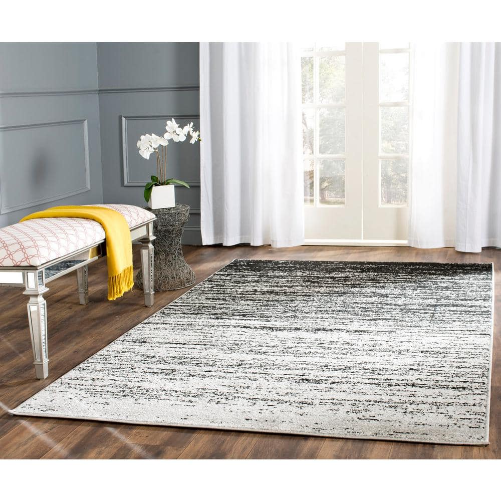 Silver and Black Striped Synthetic Square Area Rug
