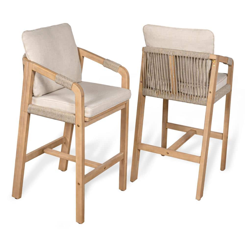 JONATHAN Y Porto Modern Coastal Tub Roped Acacia Wood Outdoor Bar Stool and Armrests, Beige/Light Teak with Cushions (Set of 2)