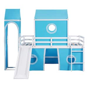 Blue Twin Size Loft Bed with Slide, Tent and Tower, Playhouse Wood Twin Bunk Bed Frame for Kids, Boys, Girls, Teens