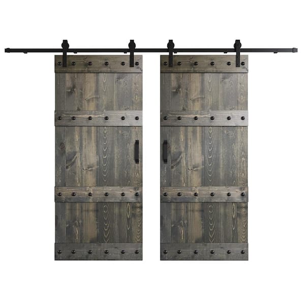 COAST SEQUOIA INC Castle Series 72 in. x 84 in. Carbon Gray DIY Knotty Wood Double Sliding Barn Door with Hardware Kit