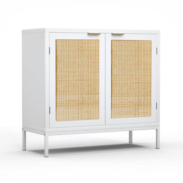 Aupodin White Accent Storage Cabinet Buffet Cupboard Kitchen Dining Bedroom Sideboard Furniture with Rattan Doors