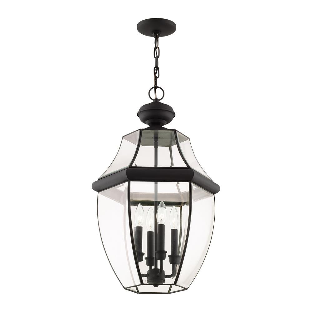 Monterey 4-Light Black Brass Outdoor Pendant with Beveled Glass