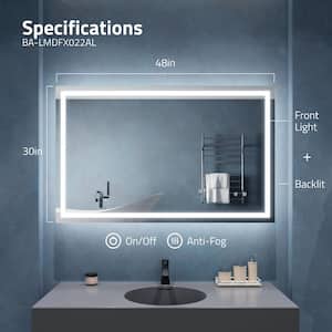 48 in. H x 30 in. W Large Rectangular Frameless LED Light Wall Mounted Bathroom Vanity Mirror with Defogger