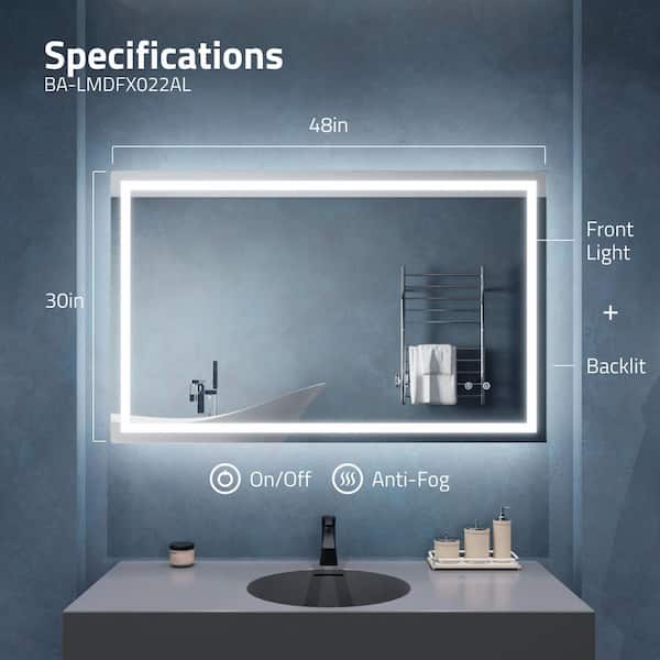 48 in. H x 30 in. W Large Rectangular Frameless LED Light Wall Mounted Bathroom Vanity Mirror with Defogger