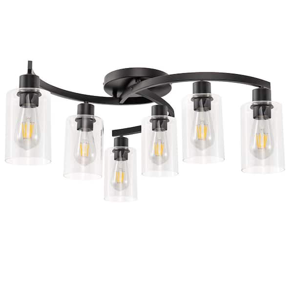 6-Light 20.5 in. Black Industrial Semi-Flush Mount Ceiling Light with Clear Glass Shades for Hallway or Entryway