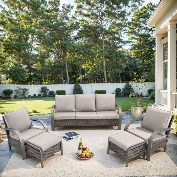 5-Piece Brown Wicker Patio Conversation Set with Beige Olefin Cushions and Lounge Chairs/Ottomans/Couch