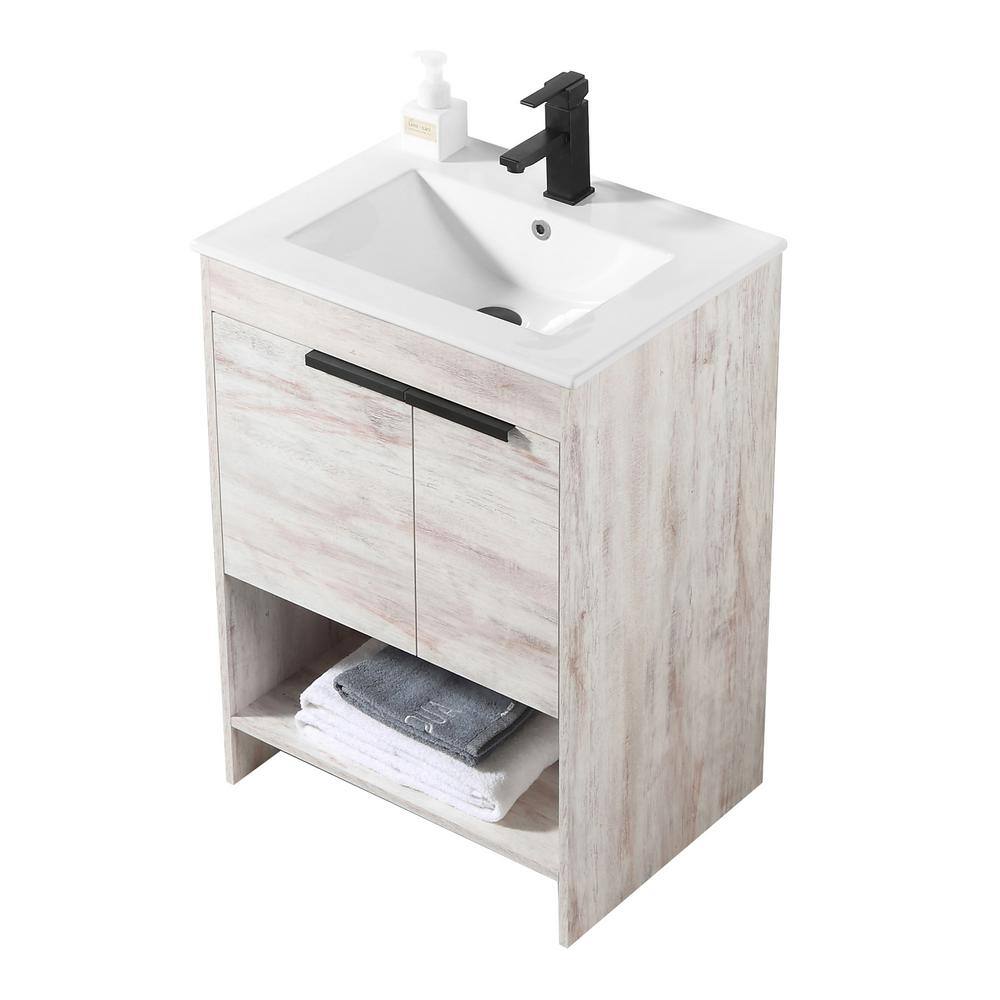 24" Walnut and White Vitreous China Single Bathroom Vanity