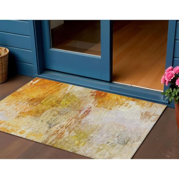 Orange, Copper, Terra Cotta 3 ft. x 5 ft.  Woven Abstract Polyester Rectangle Indoor / Outdoor Area Rug