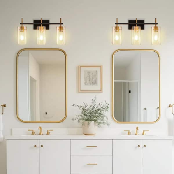 20 in. 3-Light Black and Gold Metal LED Vanity Light with Clear Glass Shades Modern Bathroom Lighting for Dressing Table