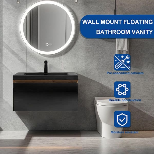 30 in. Wall-Mounted Floating Bath Vanity with Single Black Quartz Sink Top in Natural Oak and Black Assembled