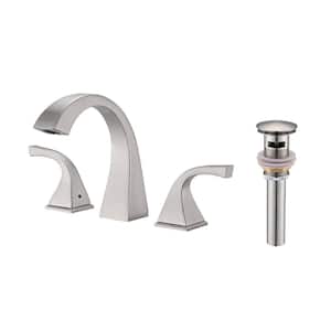 8 in. Widespread Double Handle Bathroom Faucet with Drain Kit Included Modern 3-Holes Brass Sink Taps in Brushed Nickel