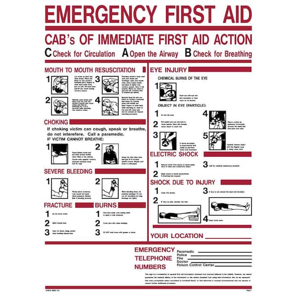 18 in. x 24 in. Emergency First Aid CAB's Sign Printed on More Durable, Thicker, Longer Lasting Styrene Plastic