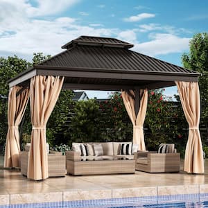 10 ft. x 12 ft. Hardtop Gazebo with Aluminum Frame, Galvanized Steel Double Roof Gazebo with Nettings and Curtains