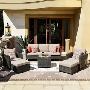 Mars Gray 6-Piece Wicker Outdoor Patio Conversation Seating Set with Beige Cushions