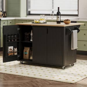 Black MDF Kitchen Cart with Drop Leaf and Towel Rack