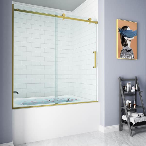 55 in. - 59 in. W x 60 in. H Contemporary Single Sliding Frameless Bathtub Door in Golden with Clear Glass
