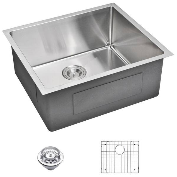 Water Creation Undermount Small Radius Stainless Steel 23.in 0-Hole Single Bowl Kitchen Sink with Strainer and Grid in Satin Finish