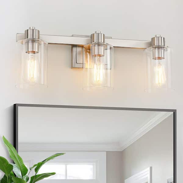 pasentel Modern 22.4 in. 3 Light Brushed Nickel Bathroom Vanity Light with Clear Glass Shades
