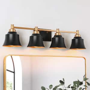 Modern 30 in. 4-Light Painted Black and Gold Bathroom Vanity Light with Bell Metal Shades