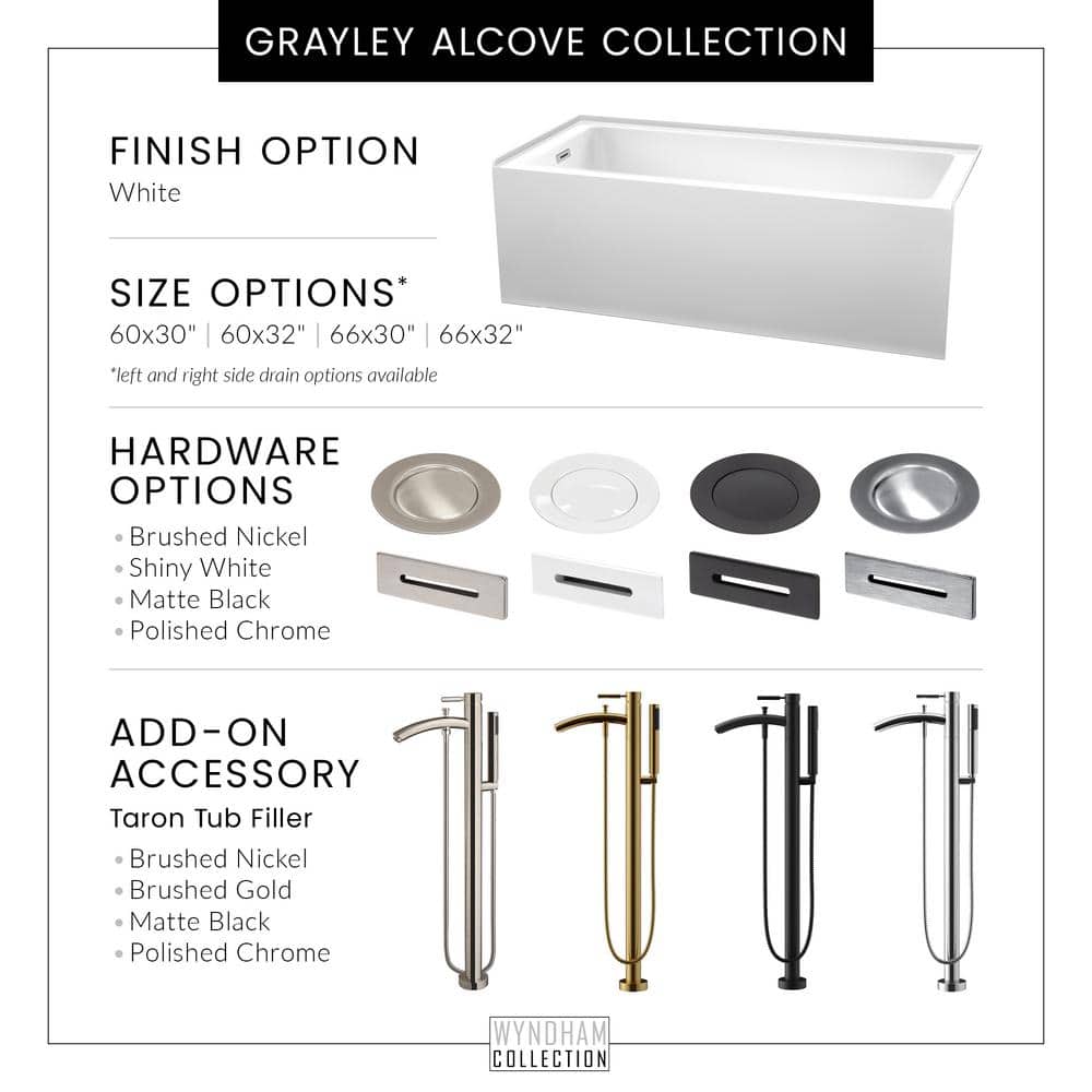 Grayley 66'' White Acrylic Alcove Soaking Bathtub with Matte Black Trim
